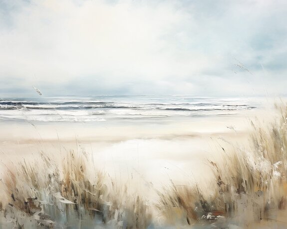 Pastelowa plaża morze i trawa