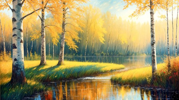 Wczesna jesień w brzozowym lesie z rzeką