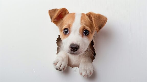 Szczeniak patrzący przez dziurę w ścianie