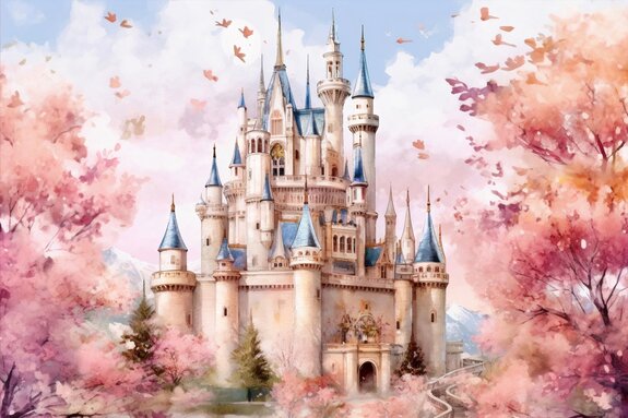 Bajkowy zamek z jesiennymi drzewami