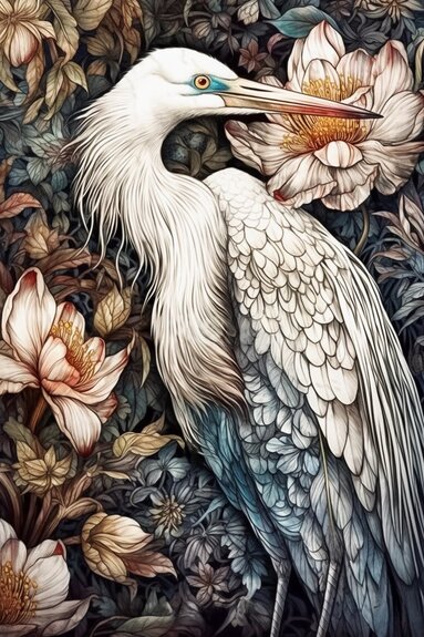 Biała czapla i kwitnące kwiaty