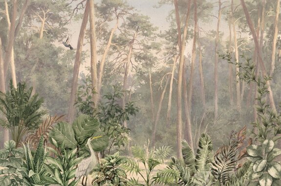 Mural z tropikalnym lasem i ptakami