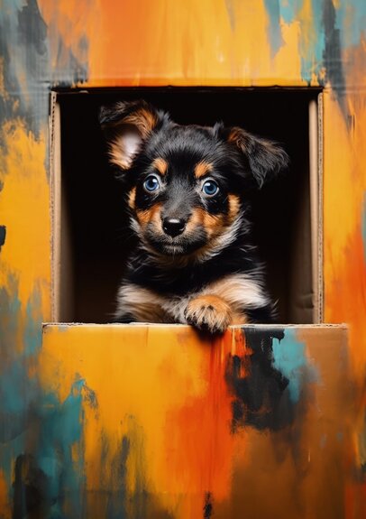 Uroczy mały piesek w kolorowej skrzynce